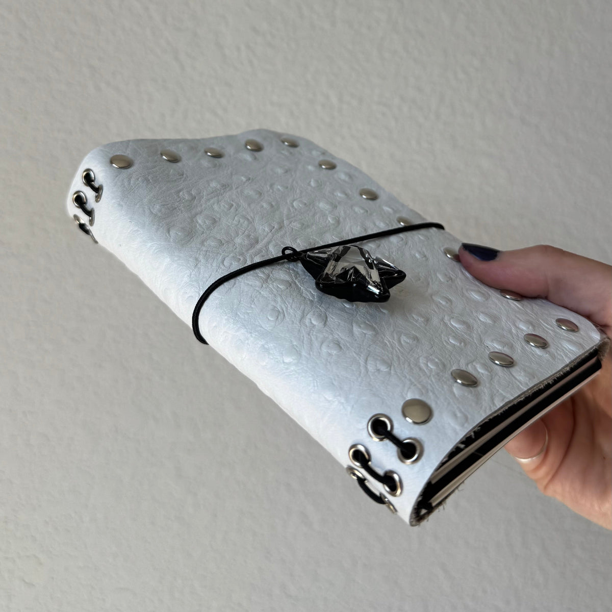 Star Crystal Charm White Leather Trifold Handmade Journal FALL LIMITED DROP