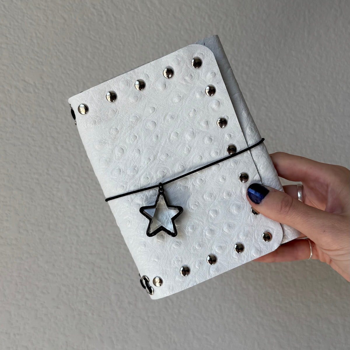 Star Crystal Charm White Leather Trifold Handmade Journal FALL LIMITED DROP
