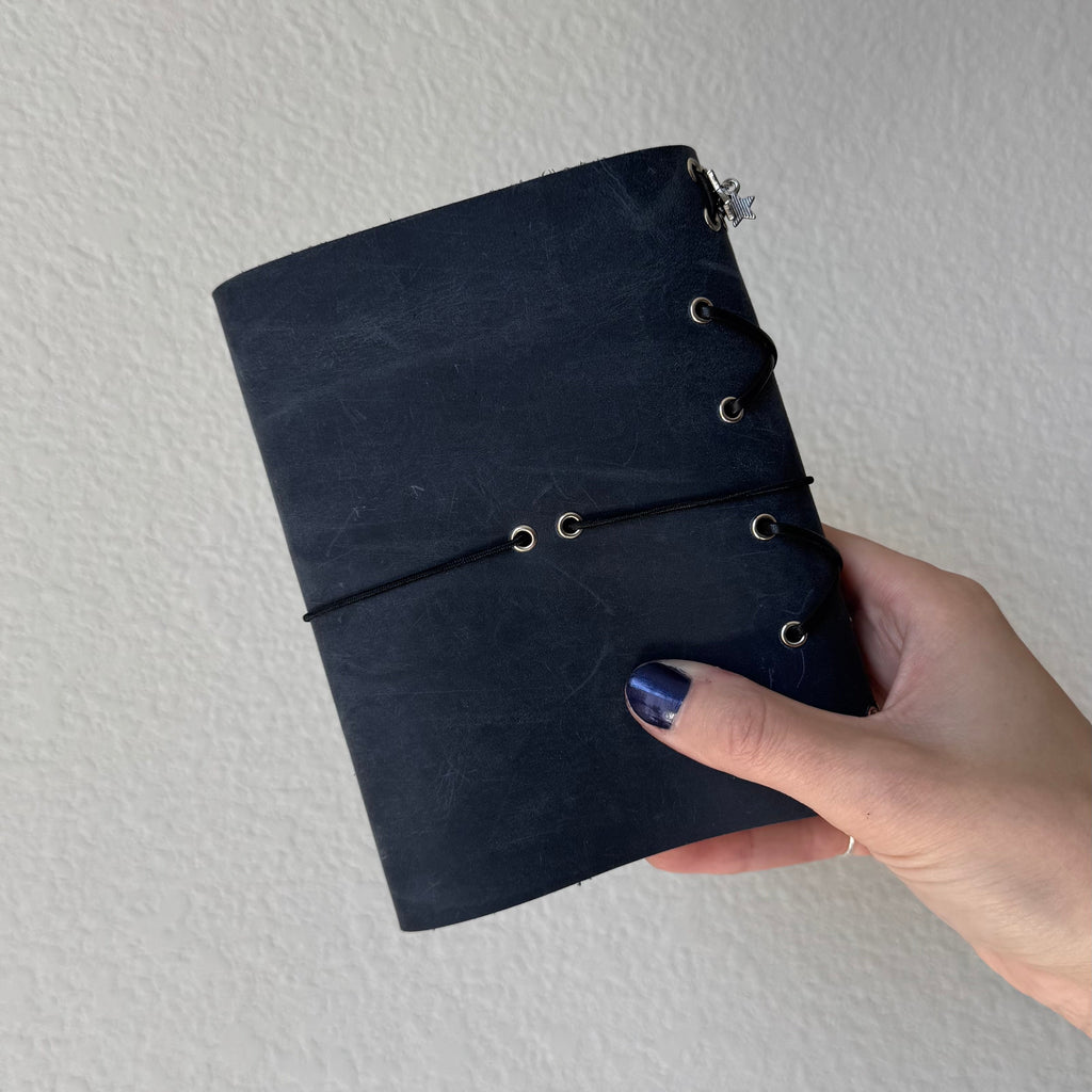 Starry Night Navy with Corset Detail Leather Handmade Journal LIMITED FALL DROP